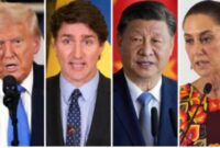 Kombinasi foto: Presiden AS Donald Trump, PM Kanada Justin Trudeau, Presiden China Xi Jinping, dan Presiden Meksiko Claudia Sheinbaum, yang kini terlibat perang tarif. /voa Indonesia 
