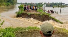 Warga menyaksikan tanggul Sungai Tuntang jebol di Desa Trimulyo, Guntur, Demak, Jumat (3/4/2026), yang memicu banjir hingga 1 meter dan merendam permukiman. (Foto: Muhammad Miftahul Khoir/ NUOnline Jateng)
