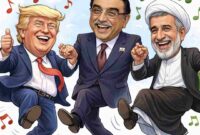 Karikatur Presiden Pakistan Asif Ali Zardari  Presiden Iran Masoud Pezeshkian dan 
Presiden AS Donald Trump sedang berdansa. (Ilustrasi: ChatGBT) 
