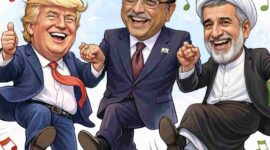 Karikatur Presiden Pakistan Asif Ali Zardari  Presiden Iran Masoud Pezeshkian dan 
Presiden AS Donald Trump sedang berdansa. (Ilustrasi: ChatGBT) 
